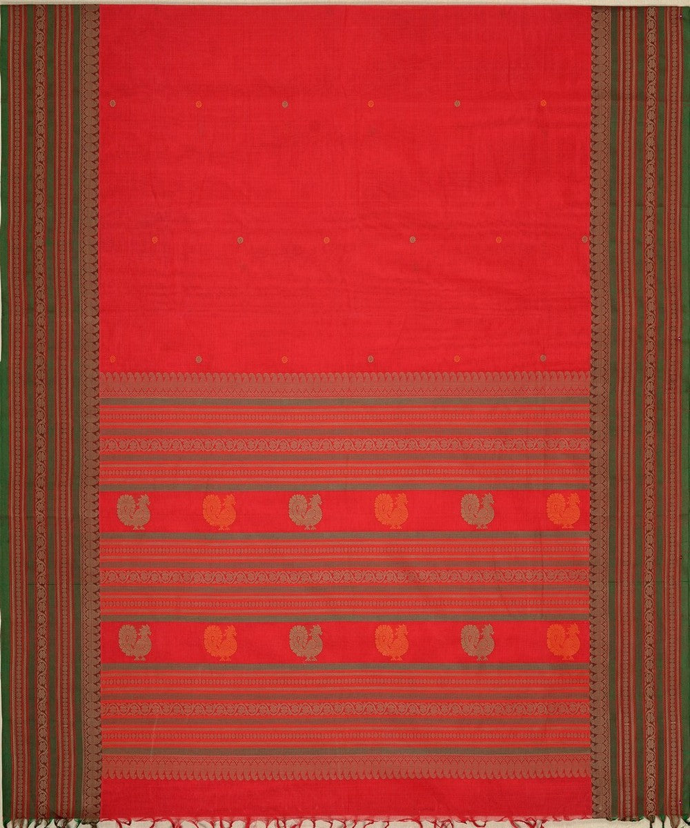 Red peach with green handwoven kanchi cotton saree