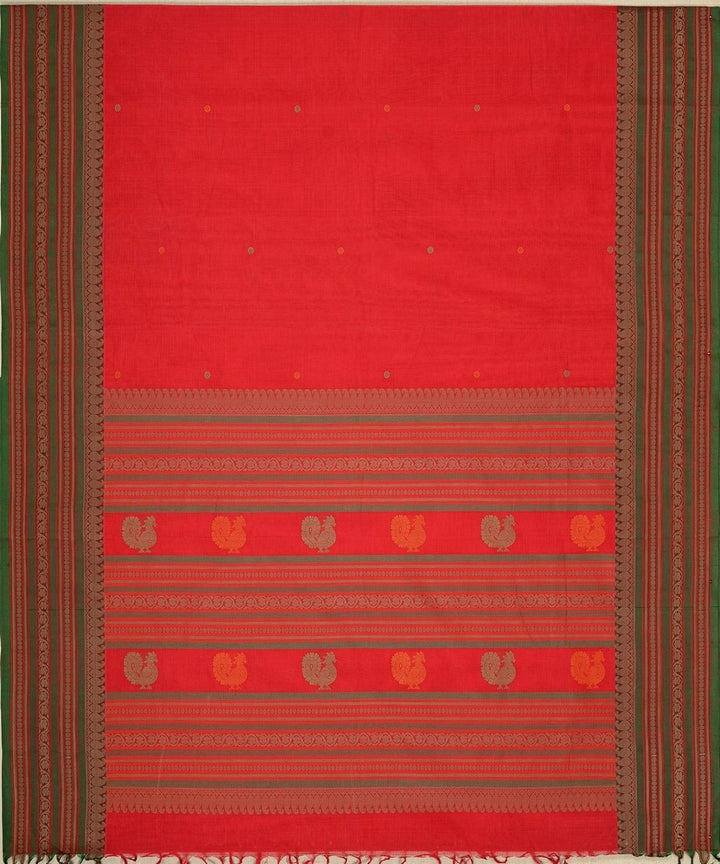 Red peach with green handwoven kanchi cotton saree