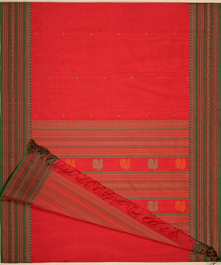 Red peach with green handwoven kanchi cotton saree