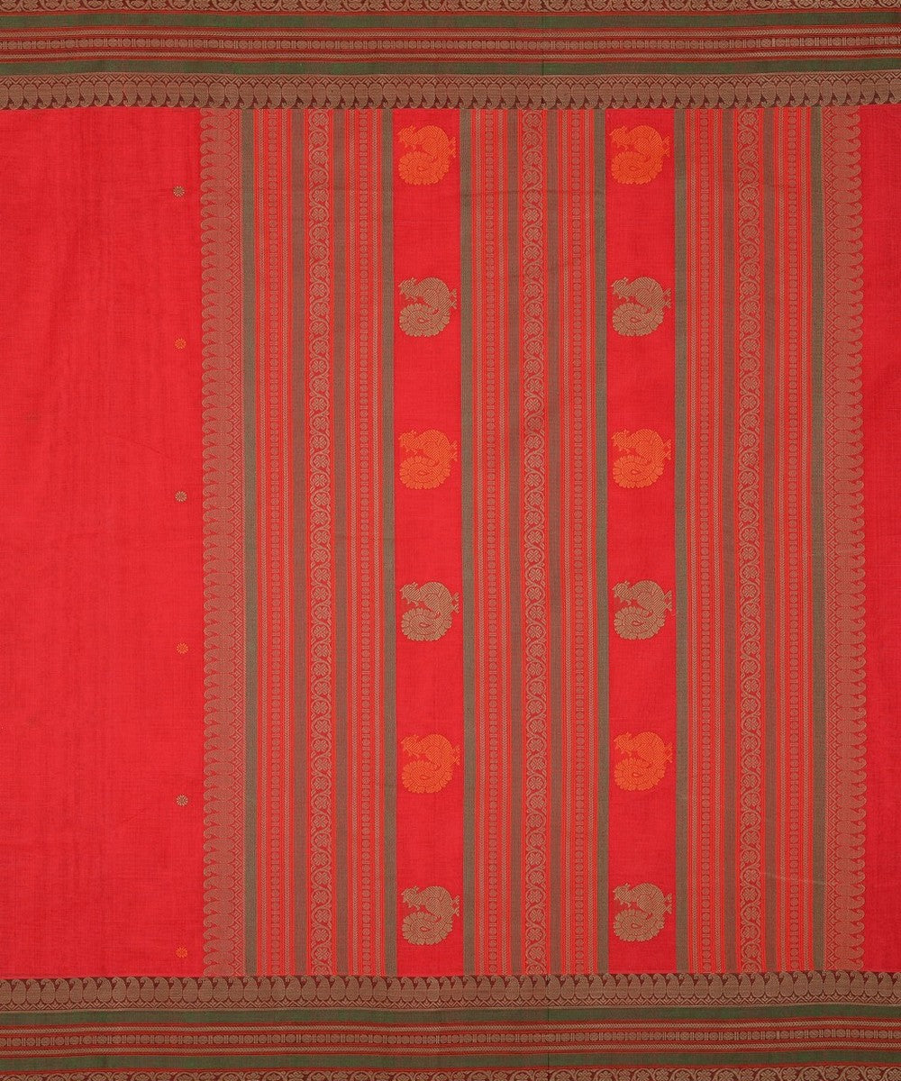 Red peach with green handwoven kanchi cotton saree