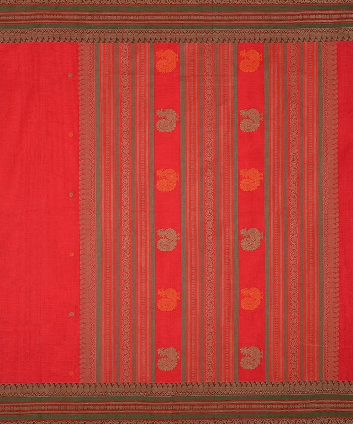 Red peach with green handwoven kanchi cotton saree