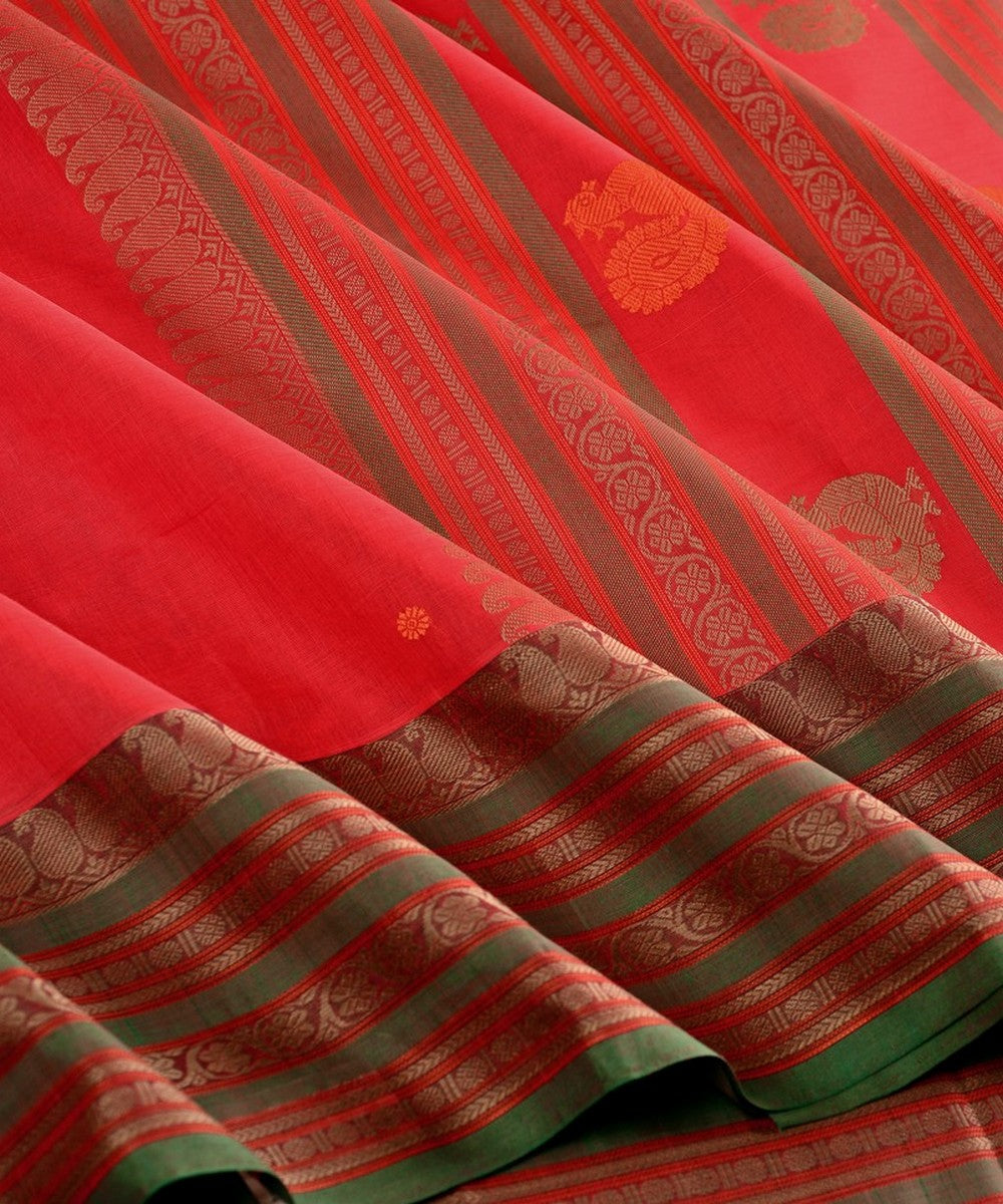 Red peach with green handwoven kanchi cotton saree