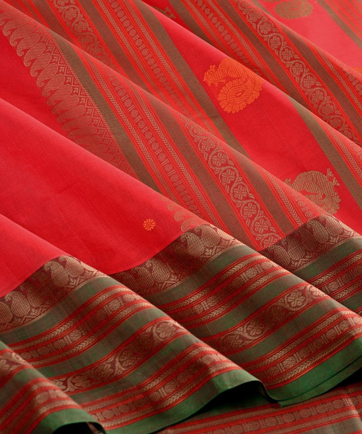 Red peach with green handwoven kanchi cotton saree