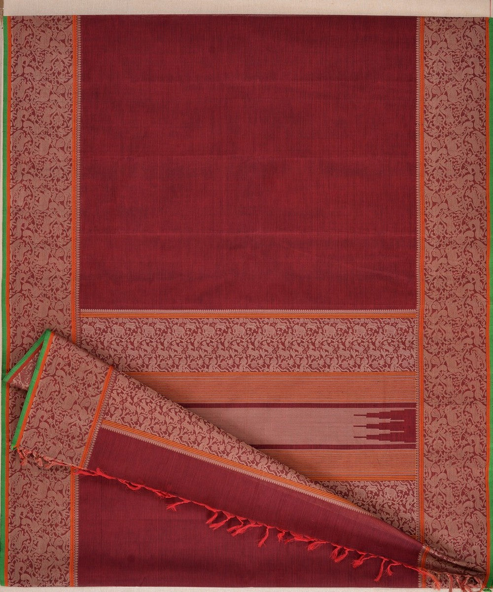 Maroon beige handloom vanasingaram kanchi cotton saree