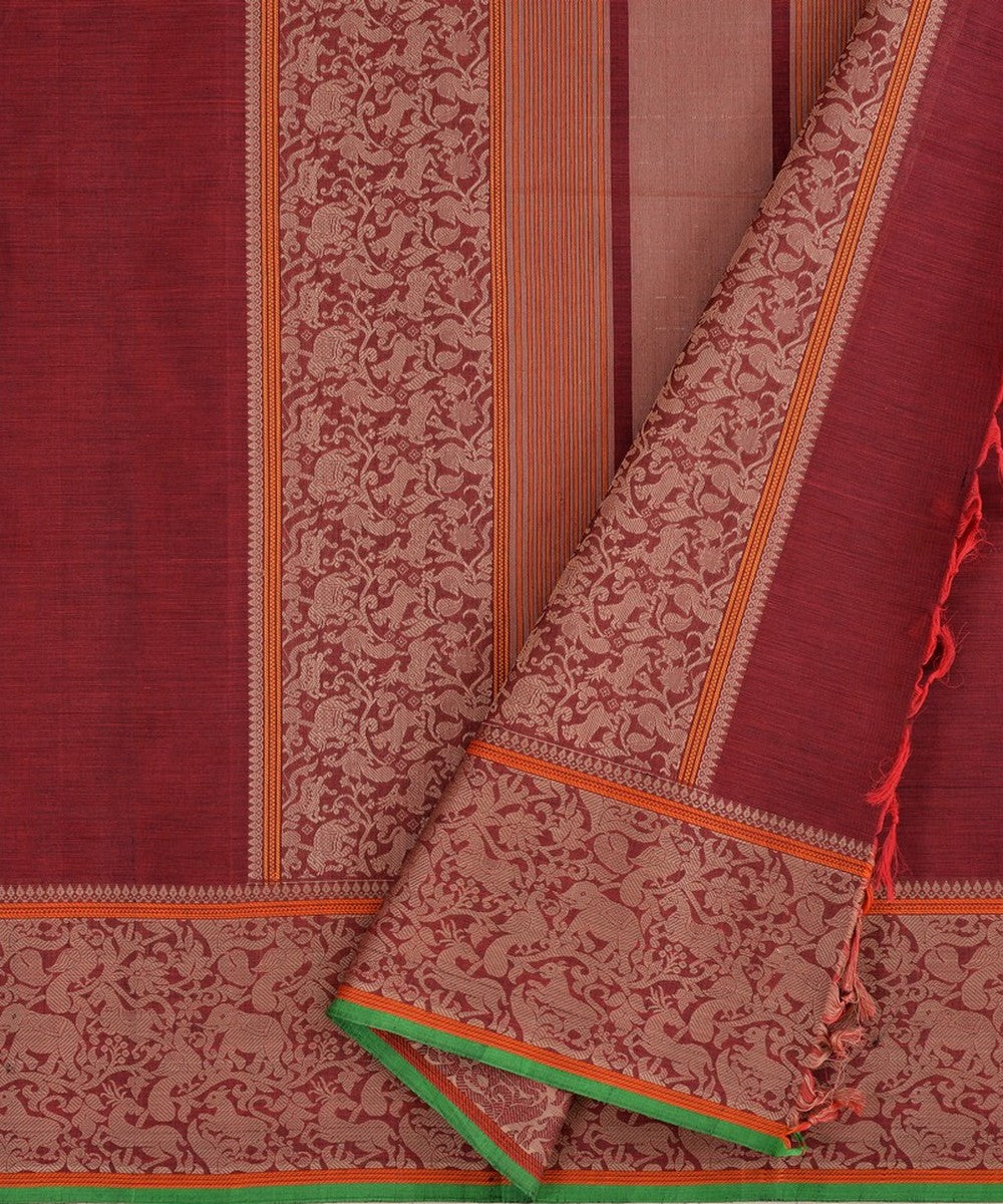 Maroon beige handloom vanasingaram kanchi cotton saree