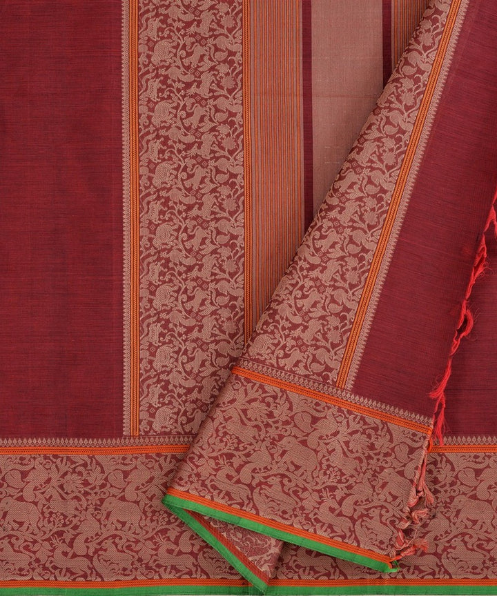 Maroon beige handloom vanasingaram kanchi cotton saree