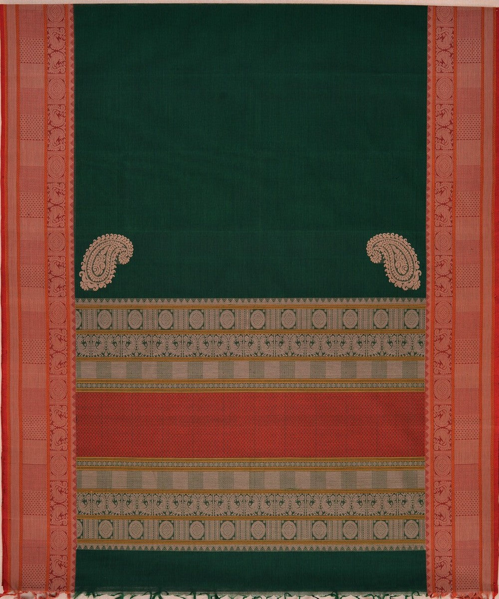 Dark green maroon handwoven kanchi cotton saree