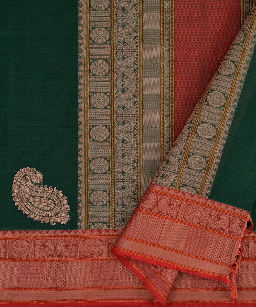 Dark green maroon handwoven kanchi cotton saree