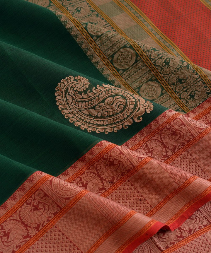 Dark green maroon handwoven kanchi cotton saree