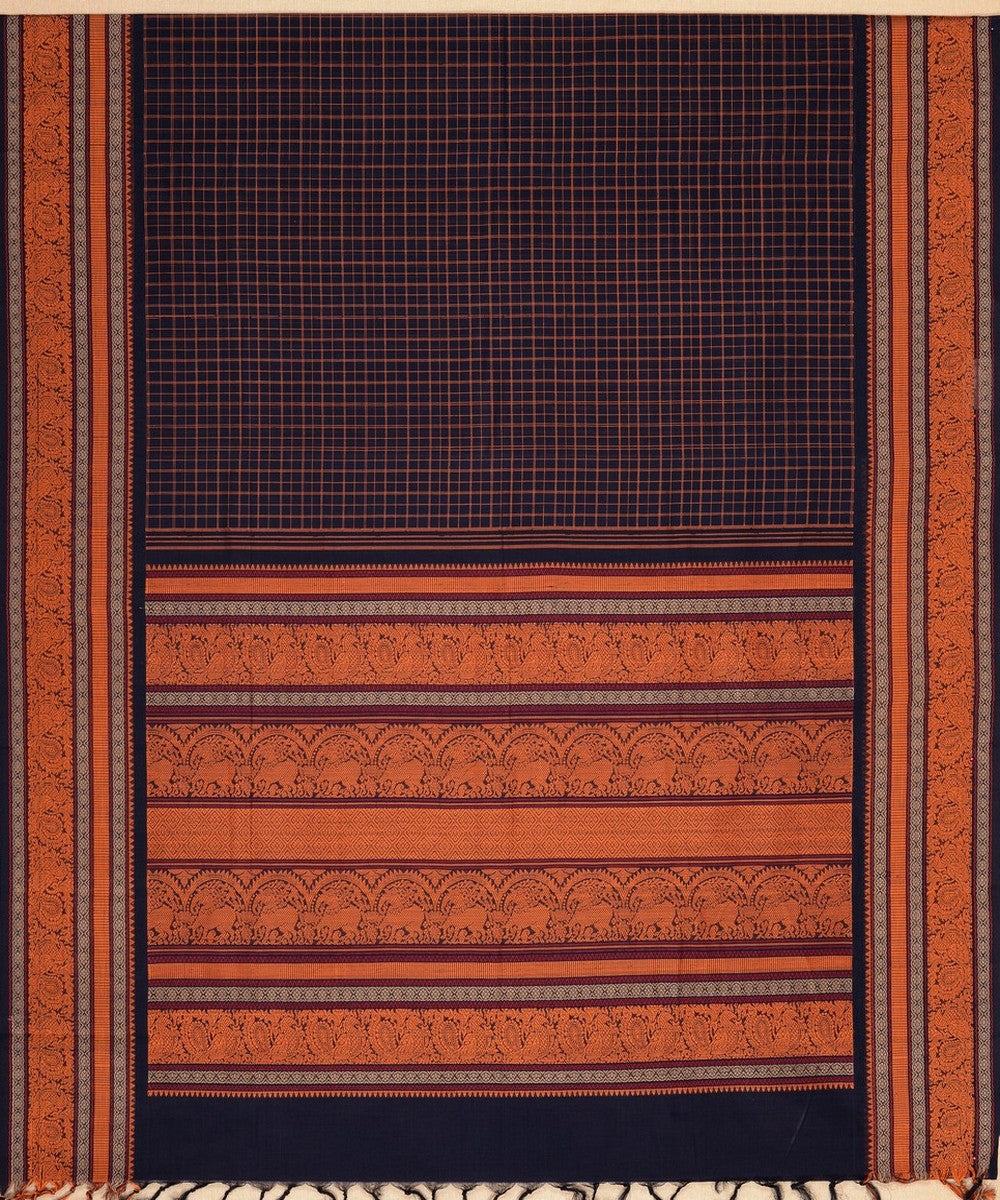 Navy blue with orange checks handwoven kanchi cotton saree