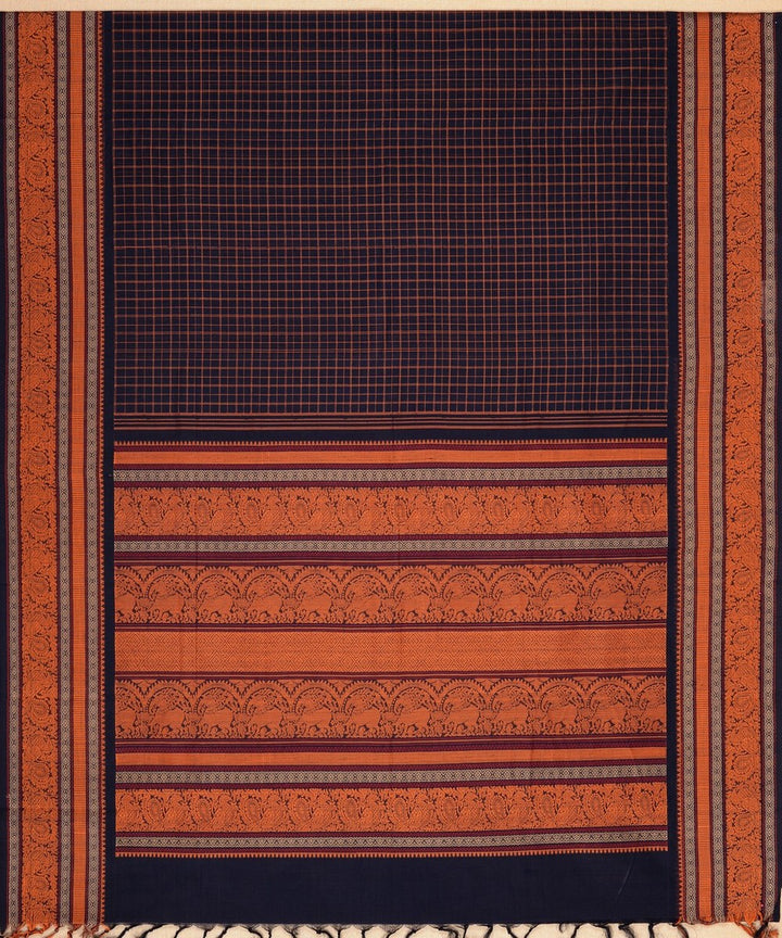 Navy blue with orange checks handwoven kanchi cotton saree