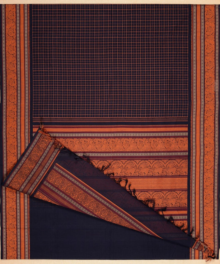 Navy blue with orange checks handwoven kanchi cotton saree