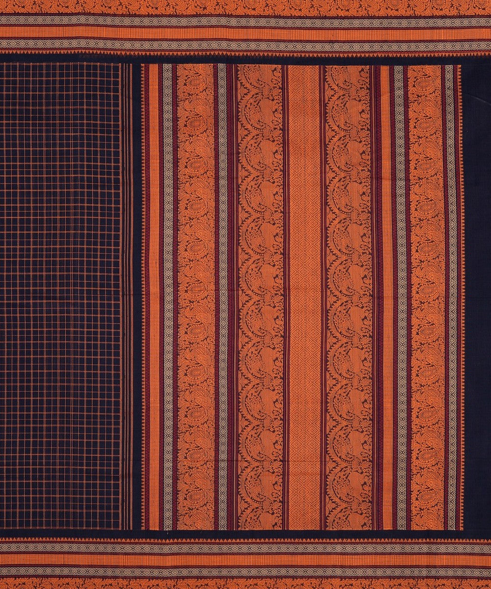 Navy blue with orange checks handwoven kanchi cotton saree