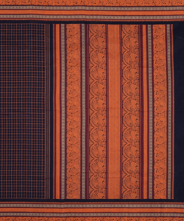 Navy blue with orange checks handwoven kanchi cotton saree