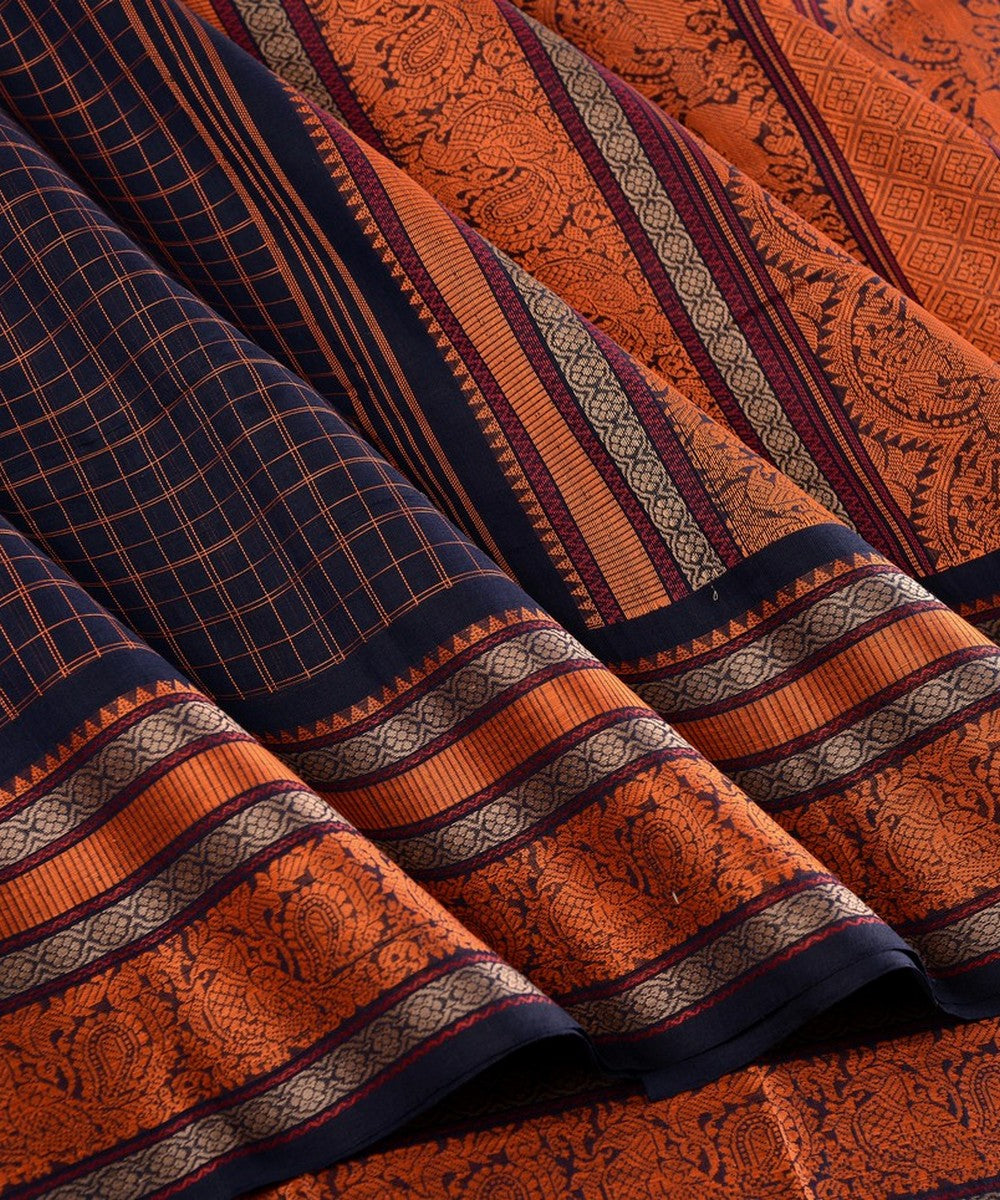 Navy blue with orange checks handwoven kanchi cotton saree