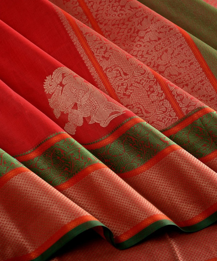 Red corner motif handwoven kanchi cotton saree