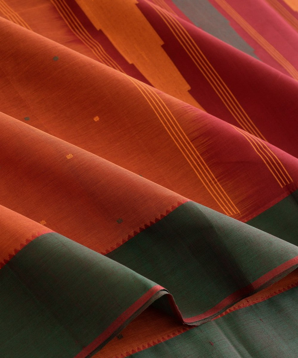 Orange handwoven ganga jamuna border kanchi cotton saree