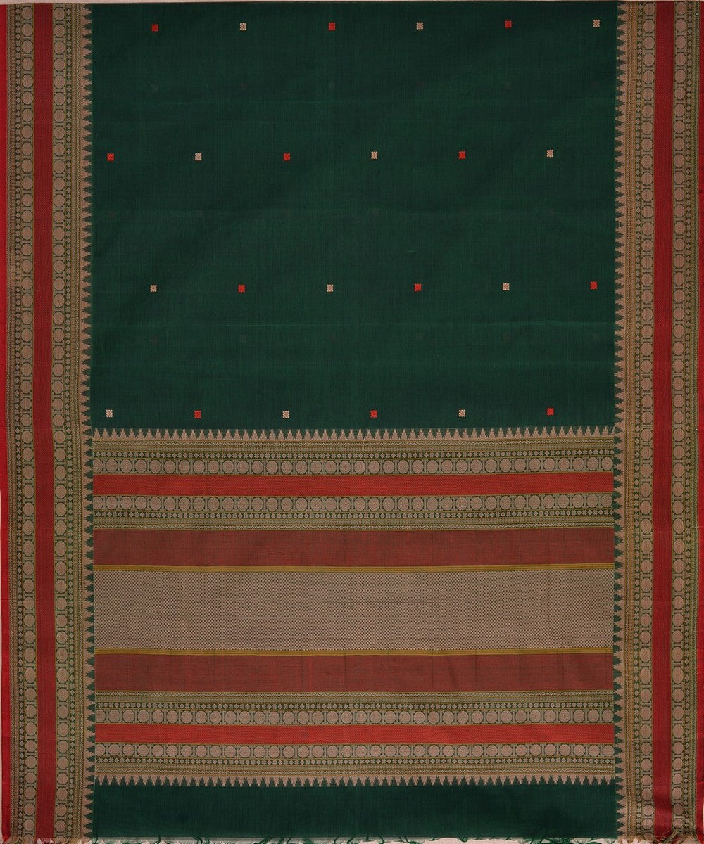 Dark green pink handwoven kanchi cotton saree