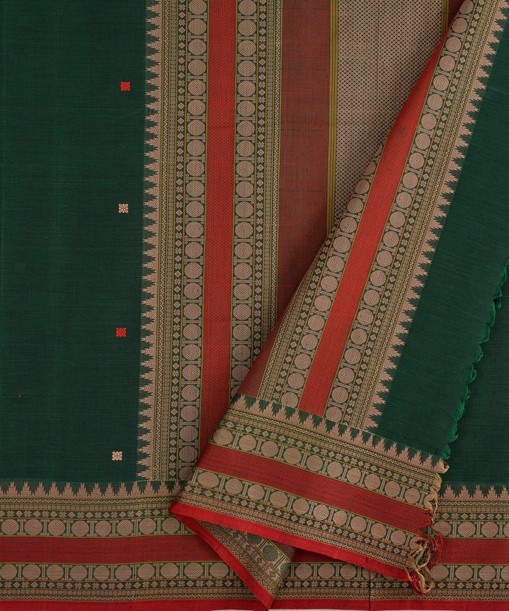 Dark green pink handwoven kanchi cotton saree