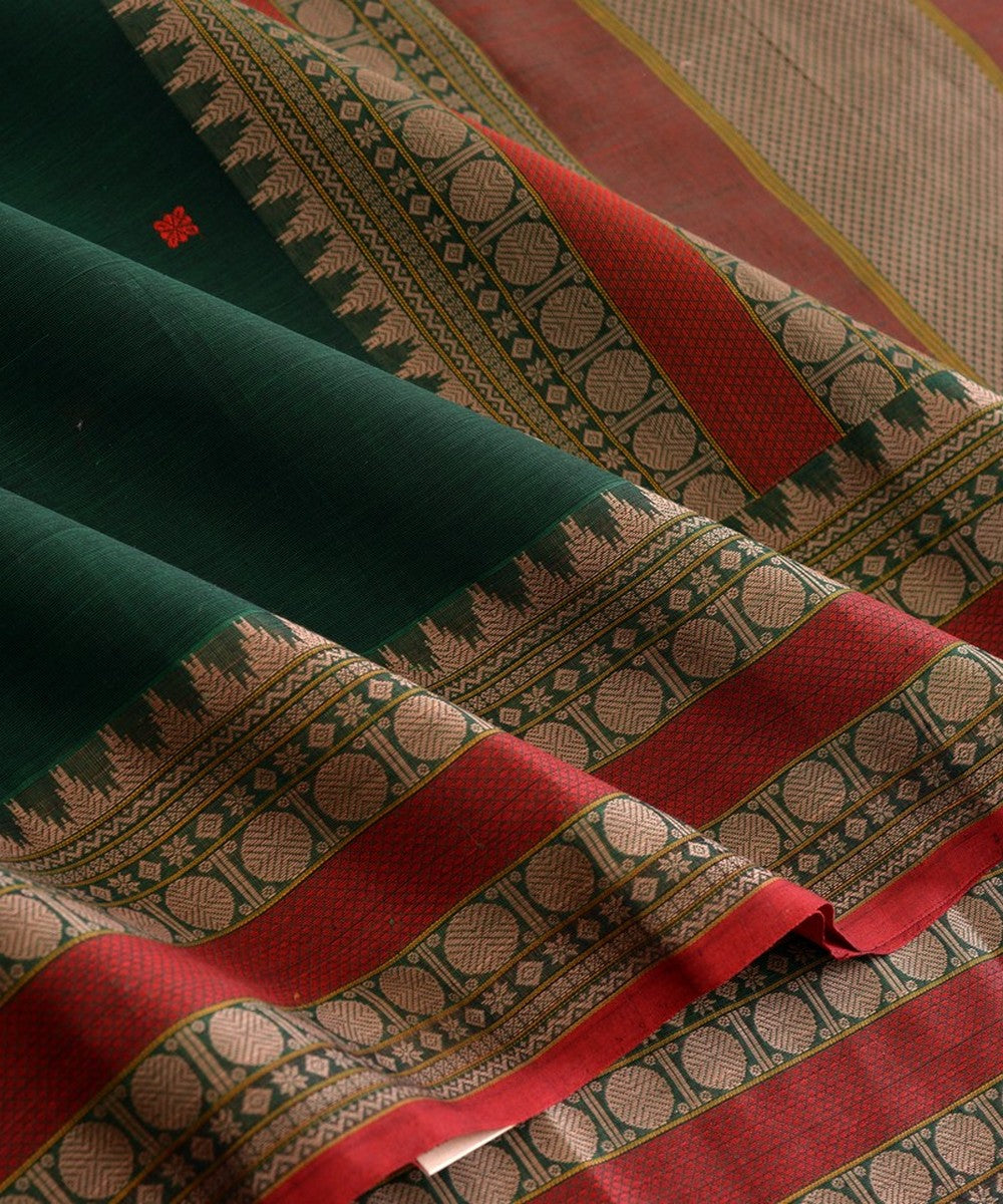 Dark green pink handwoven kanchi cotton saree