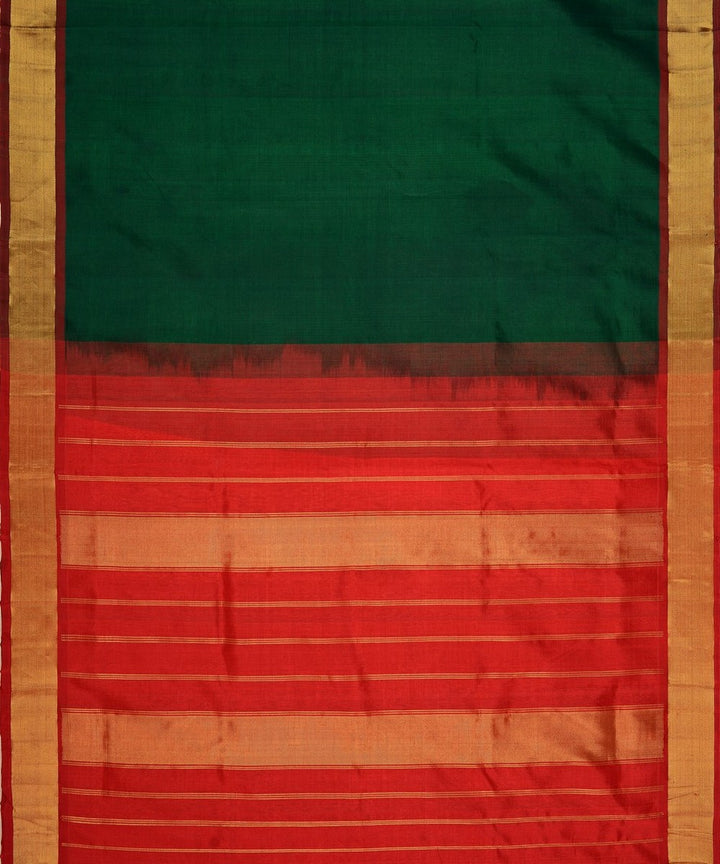 Dark green red handwoven cotton silk kanchi saree with zari border