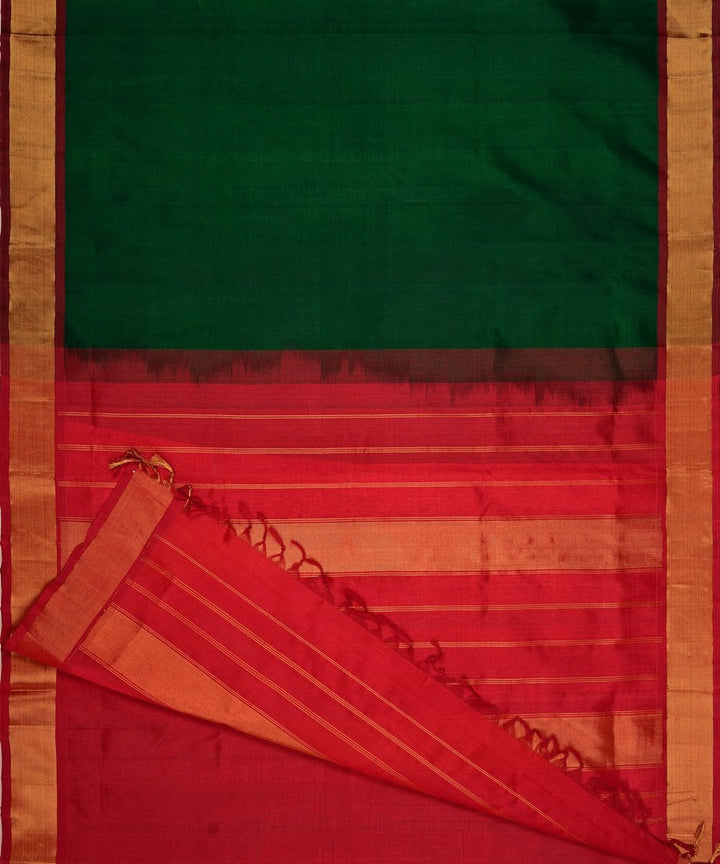 Dark green red handwoven cotton silk kanchi saree with zari border