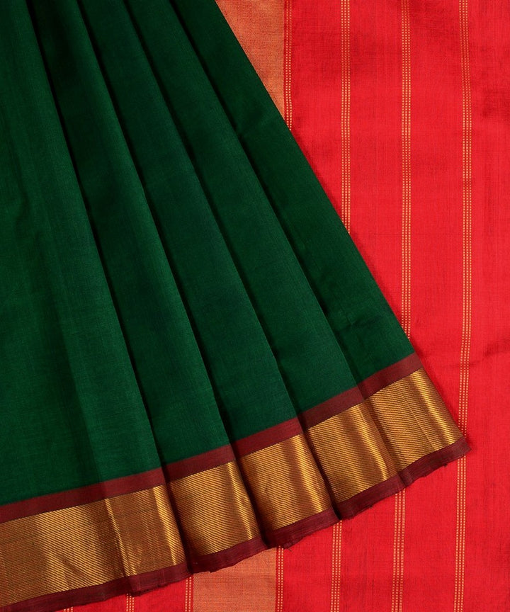 Dark green red handwoven cotton silk kanchi saree with zari border