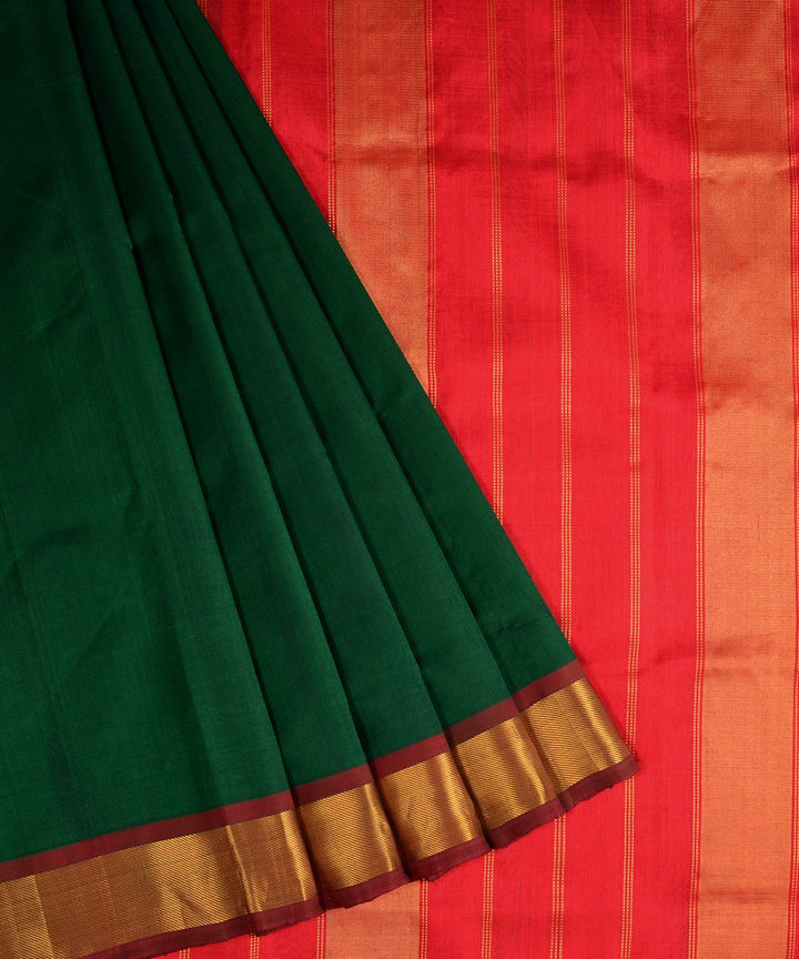 Dark green red handwoven cotton silk kanchi saree with zari border