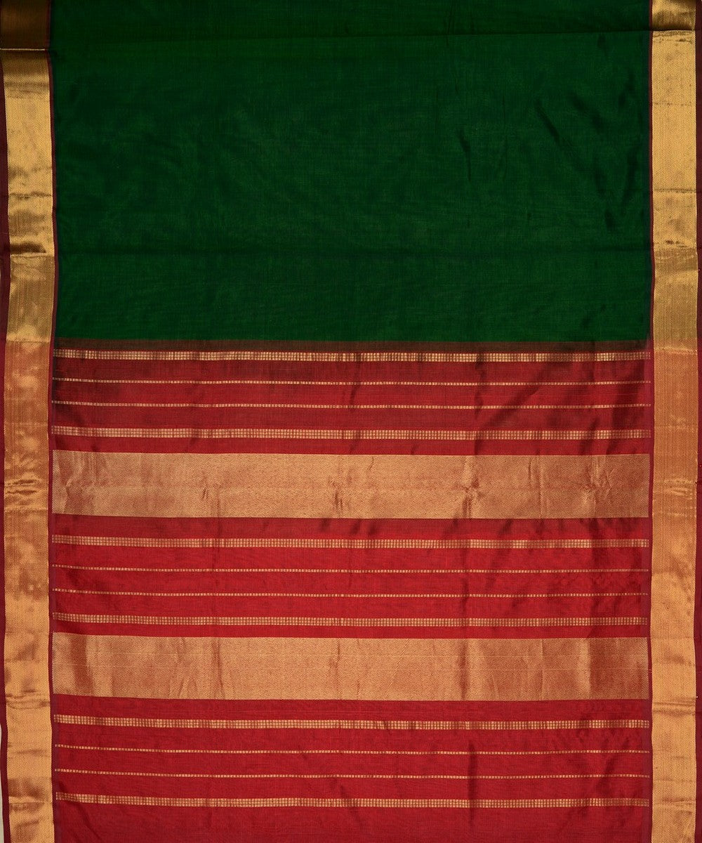 Dark green maroon handwoven cotton silk kanchi saree with zari border