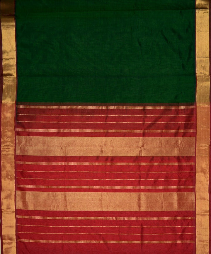 Dark green maroon handwoven cotton silk kanchi saree with zari border