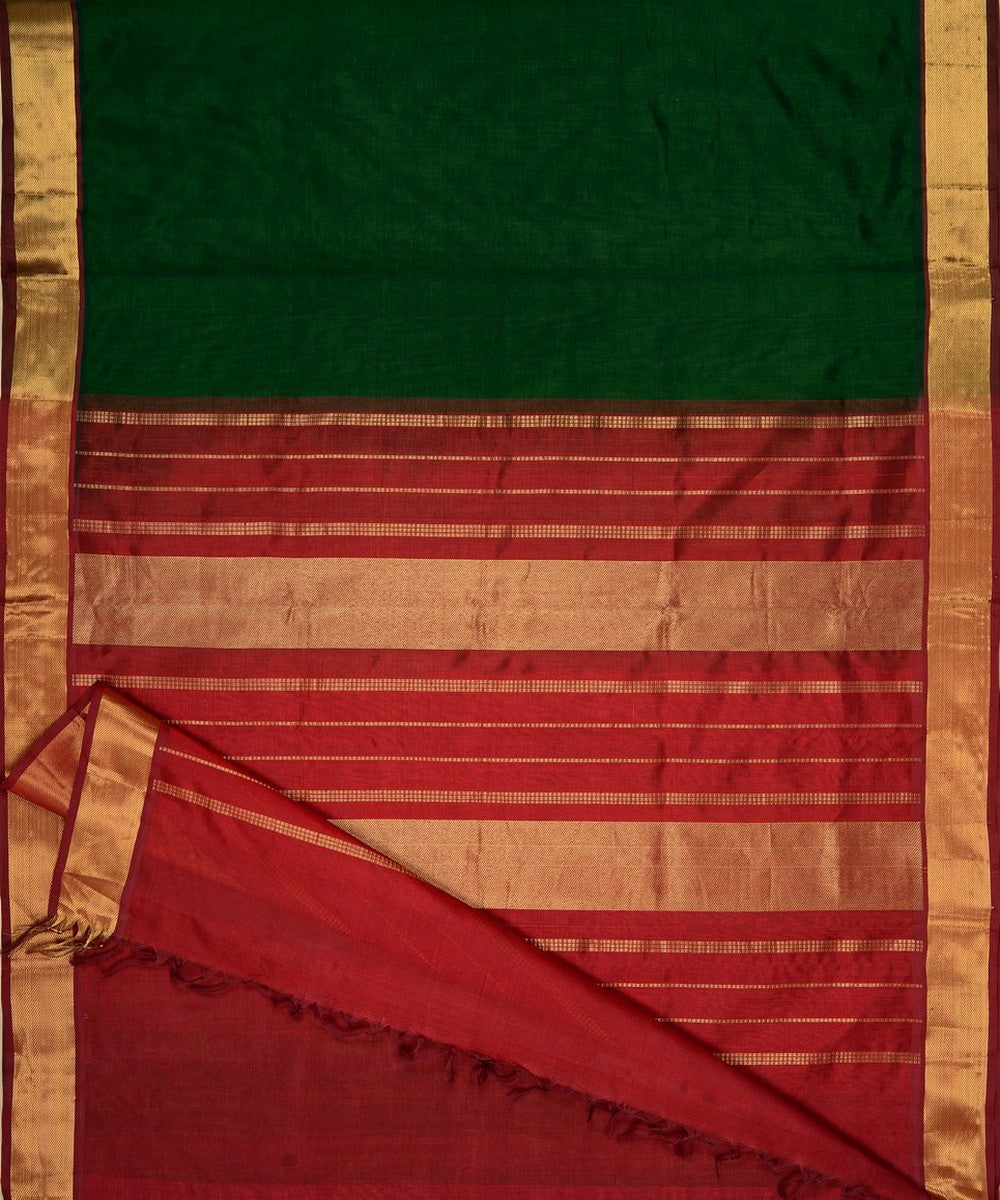 Dark green maroon handwoven cotton silk kanchi saree with zari border