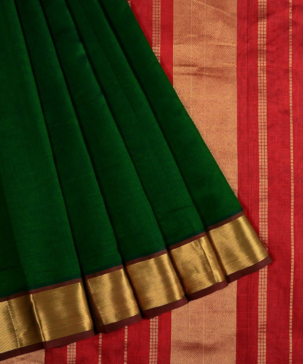 Dark green maroon handwoven cotton silk kanchi saree with zari border