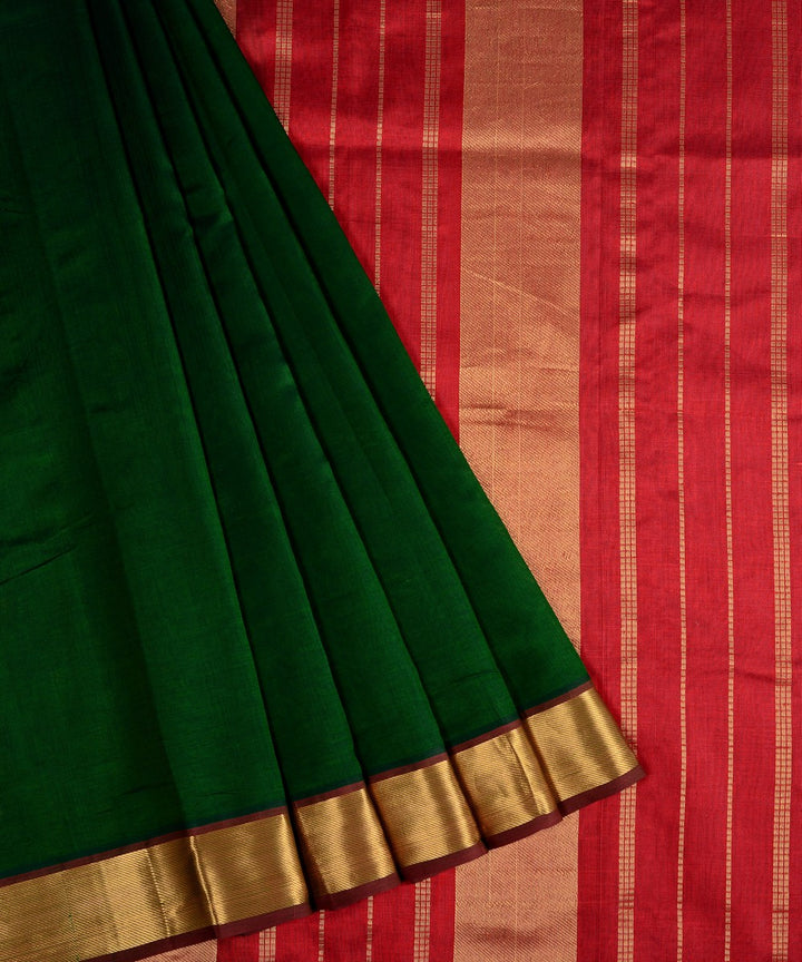Dark green maroon handwoven cotton silk kanchi saree with zari border