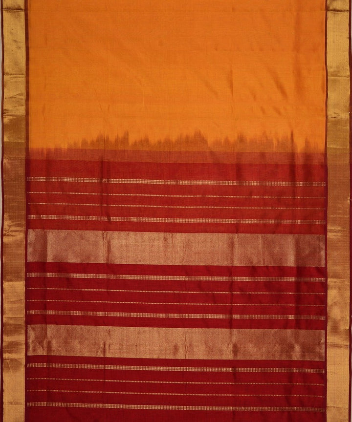 Mustard maroon handwoven cotton silk kanchi saree with zari border