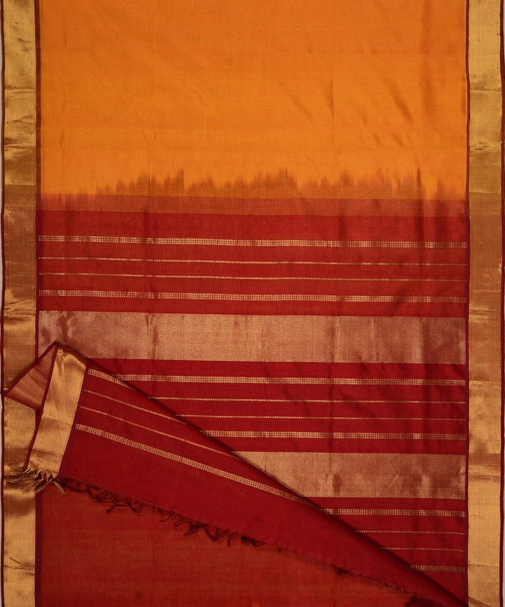 Mustard maroon handwoven cotton silk kanchi saree with zari border