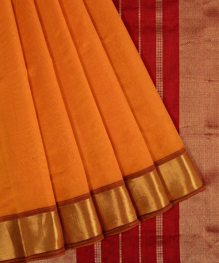 Mustard maroon handwoven cotton silk kanchi saree with zari border