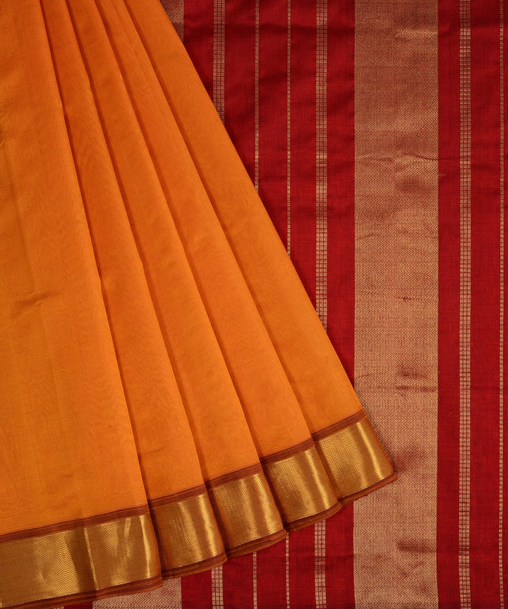 Mustard maroon handwoven cotton silk kanchi saree with zari border