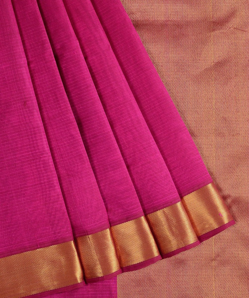 Pink handwoven self bavinchi cotton silk kanchi saree with zari border