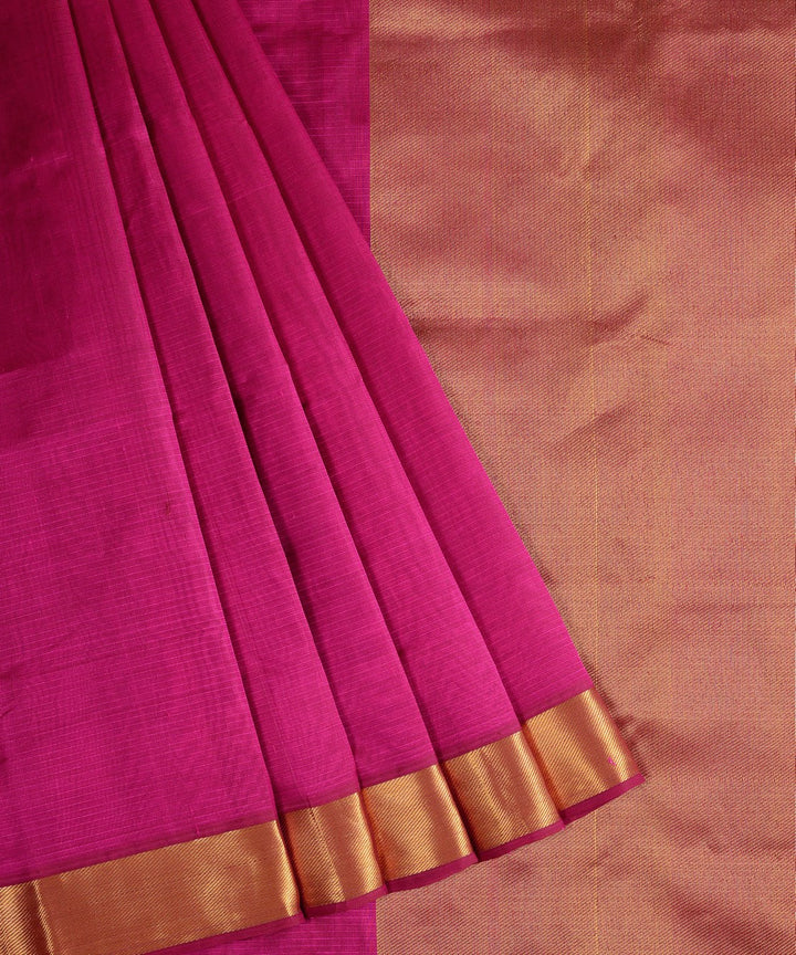 Pink handwoven self bavinchi cotton silk kanchi saree with zari border