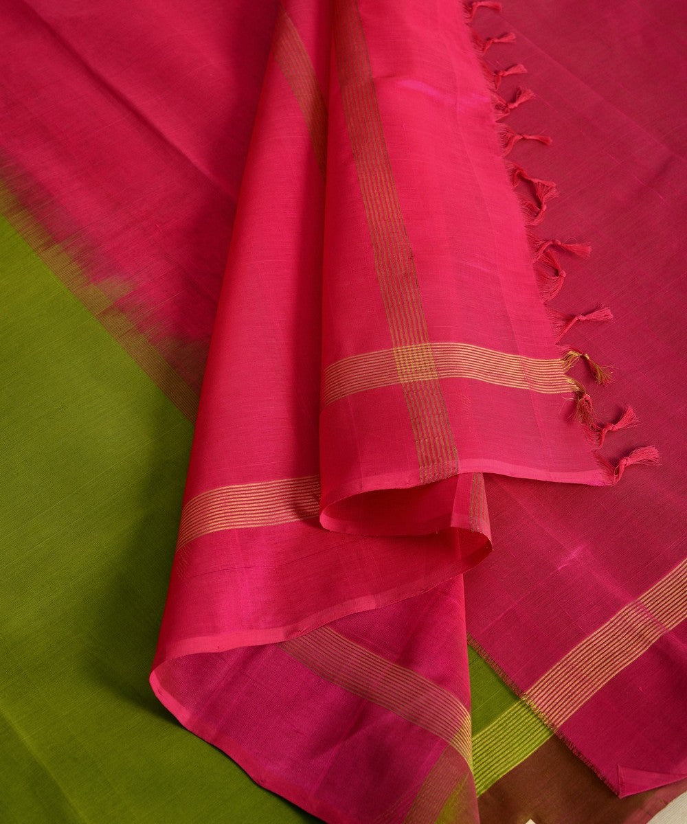 Light green pink handwoven cotton silk kanchi saree