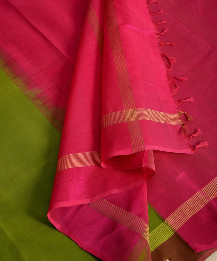 Light green pink handwoven cotton silk kanchi saree