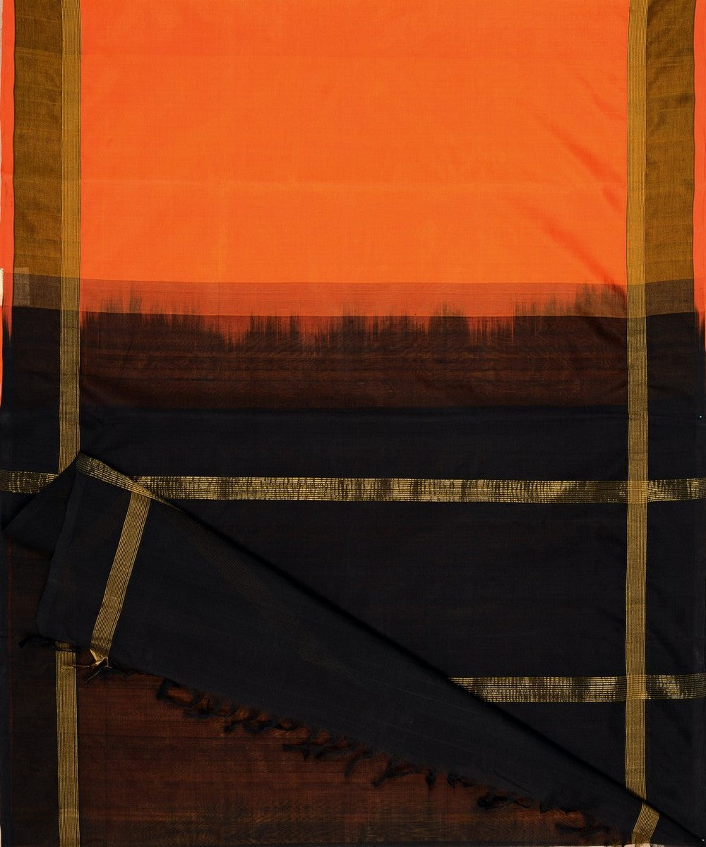 Orange black handwoven cotton silk kanchi saree