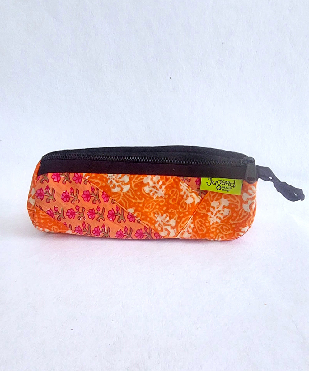 Orange handcrafted cotton pencil pouch