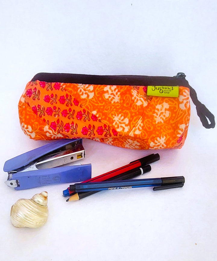 Orange handcrafted cotton pencil pouch