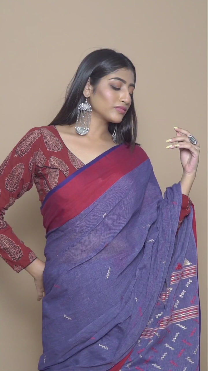 Indigo grey handwoven cotton jamdani saree