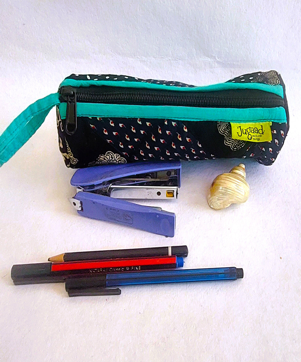 Black and cyan handcrafted cotton pencil pouch