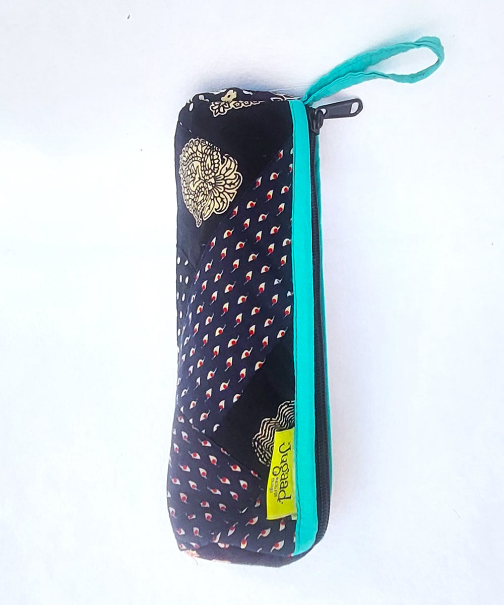 Black and cyan handcrafted cotton pencil pouch