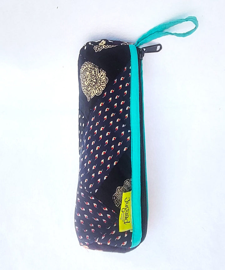 Black and cyan handcrafted cotton pencil pouch