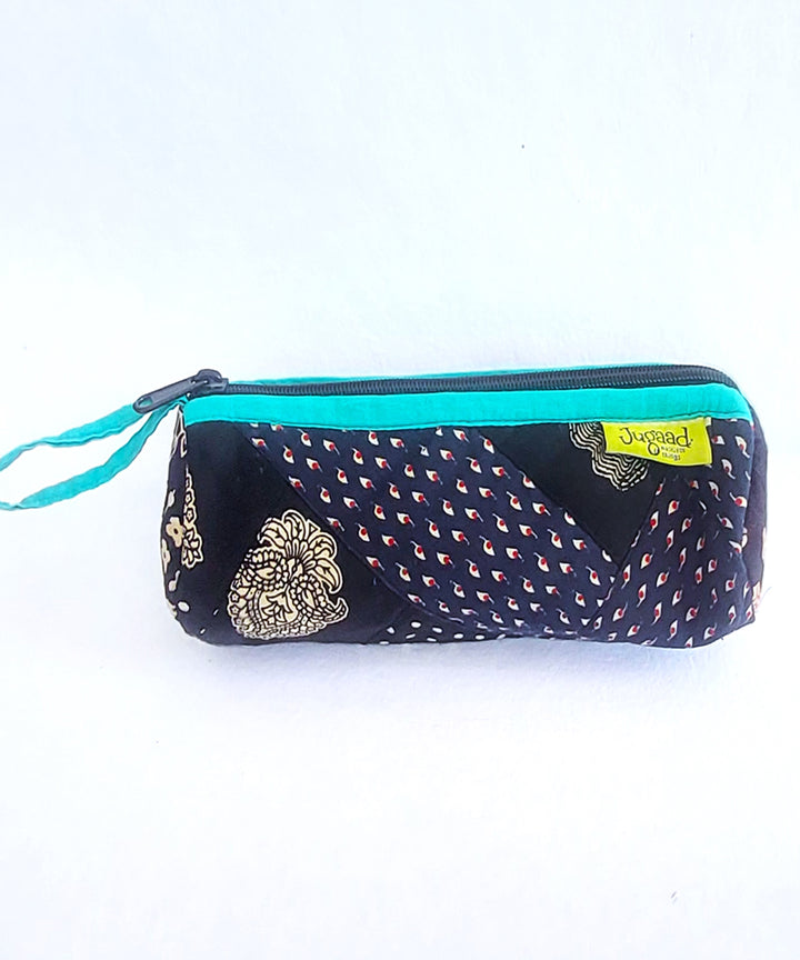 Black and cyan handcrafted cotton pencil pouch