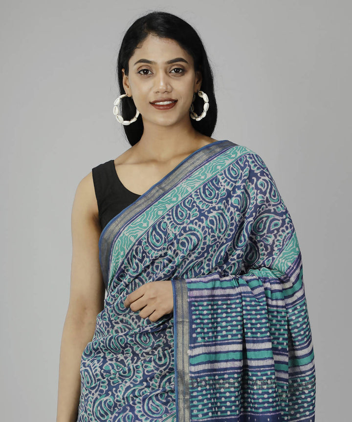 Blue bonnet bagru handblock printed cotton silk saree